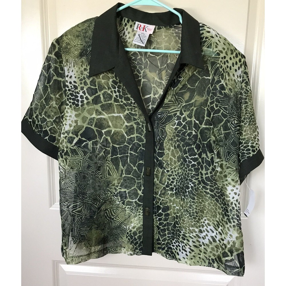 R&K Originals SHEER Shrug Blouse Shirt Top 20W Green Marble  Short Sleeve